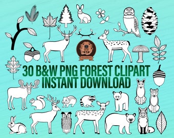 Forest Doodles Clipart Bundle - Black & White Plants and Animals For Coloring, PNG Wildlife Outlines, Hand Drawn Digital Woodland Critters
