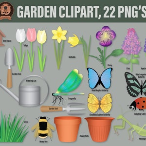 Butterfly Garden Png Bundle. Hand drawn flowers, insects, flower pots, bird house, grass, yard tools and watering can