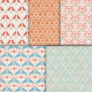 K&ouml;nnte beinhalten: F&uuml;nf verschiedene nahtlose Muster mit V&ouml;geln und floralen Designs. Die Muster sind in Blaut&ouml;nen, Rosa, Rot und Orange auf wei&szlig;em Hintergrund.