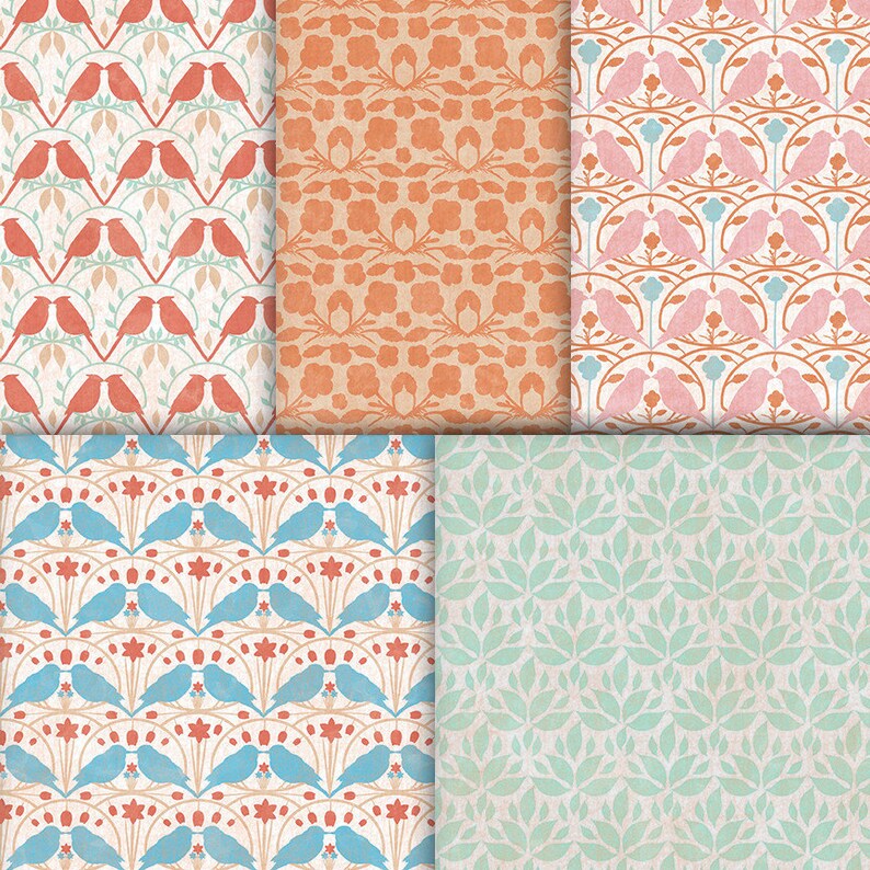 K&ouml;nnte beinhalten: F&uuml;nf verschiedene nahtlose Muster mit V&ouml;geln und floralen Designs. Die Muster sind in Blaut&ouml;nen, Rosa, Rot und Orange auf wei&szlig;em Hintergrund.