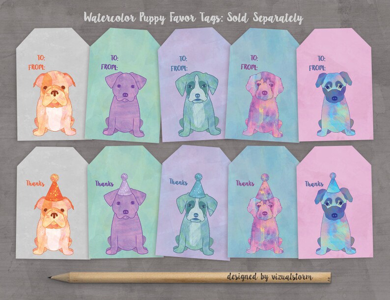May include: Ten watercolor puppy favor tags with the text "TO: FROM:" and "Thanks" on each tag. The puppies are in various colors, including orange, purple, blue, and green. The tags are perfect for a puppy-themed party.