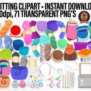 Knitting Clipart Bundle - Colorful Png Yarn Craft Illustrations, Digital Project Bags and Notions, Knitwear Pattern Designs, Indie Dyers