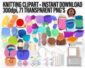 Knitting Clipart Bundle - Colorful Png Yarn Craft Illustrations, Digital Project Bags and Notions, Knitwear Pattern Designs, Indie Dyers