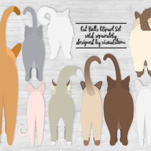May include: A digital clipart set of ten cat butts in various colors and poses. The text "Cat Butts Clipart Set sold separately designed by visualstorm" is at the top of the image.