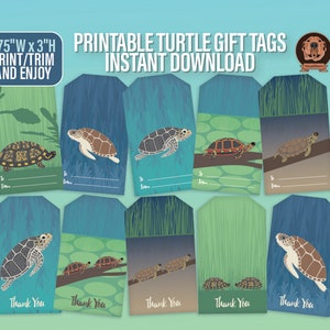 Printable Ocean Creatures Gift Tag Bundle with 5 Turtle Species including Loggerhead Turtle, Hawksbill Sea turtle, Painted Turtle, Box Turtle and Map Turtle. 5 gift tags and 5 thank you tags. 300dpi CMYK Printable Jpeg