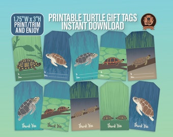 Printable Ocean Creatures Gift Tag Bundle - Illustrated Turtles & Tortoise with Thank You Tags, Marine Animals Gift Wrap, Digital Download