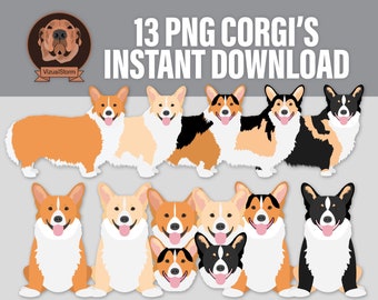 Pembroke Welsh Corgi Clipart - Red and White, Fawn, Sable, Black and Tan and Tricolor, Digital Png Dog Breeds, Heads, Sitting and Standing