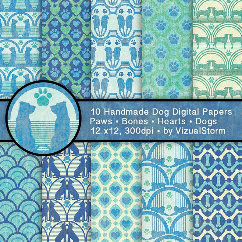 May include: Ten digital papers featuring dog-themed patterns in blue, green, and white. The patterns include paw prints, bones, hearts, and silhouettes of dogs. The papers are 12 inches by 12 inches and 300 dpi.