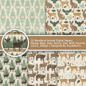 Woodland Animal Digital Paper 10 Printable Forest Patterns for Nature Scrapbooking and Crafts with Bear, Deer, Bunny, Moose, Owl and Trees image 2