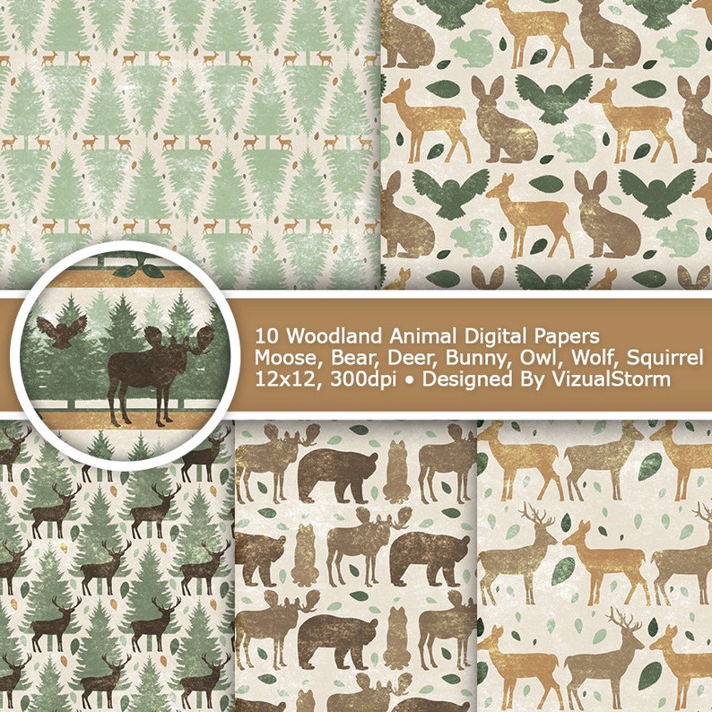 Woodland Animal Digital Paper 10 Printable Forest Patterns for Nature Scrapbooking and Crafts with Bear, Deer, Bunny, Moose, Owl and Trees image 2