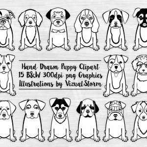 May include: A set of 15 black and white hand-drawn puppy illustrations. Each puppy is sitting down and facing forward. The illustrations are in a simple, cartoon style. Hand Drawn Puppy Clipart 15 B&W 300dpi png Graphics Illustrations by Vizual Storm