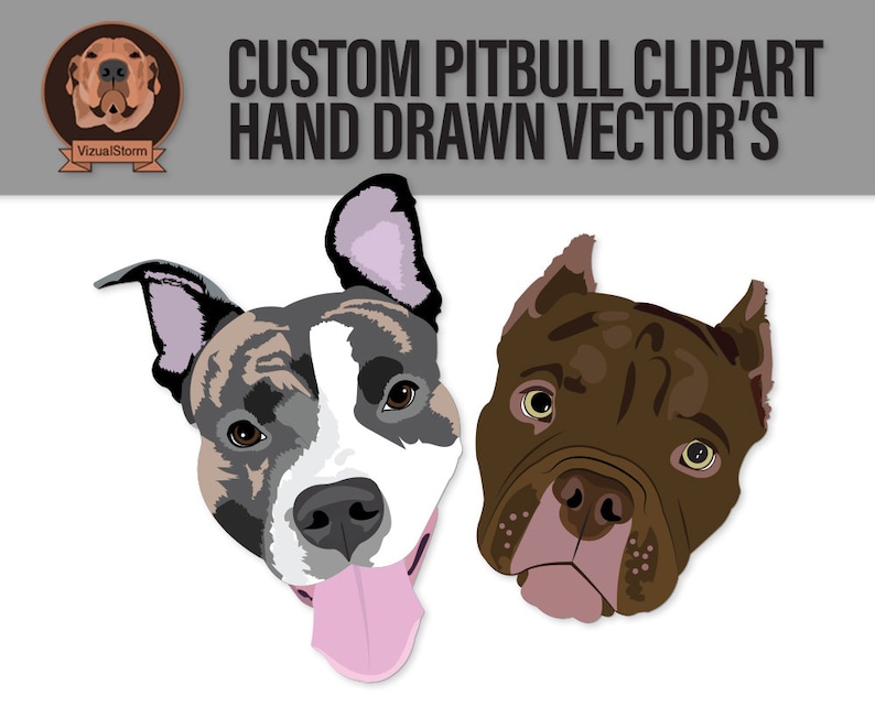 Custom vector Pitbull illustrations. Hand drawn face portraits
