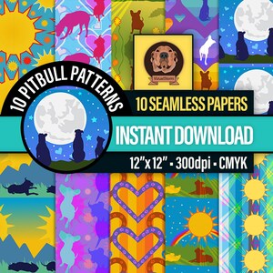 Könnte beinhalten: Zehn digitale Papiermuster mit einer Silhouette eines Pitbulls in verschiedenen Posen und Umgebungen. Die Muster beinhalten einen Vollmond, Sterne, Herzen, Regenbögen, Sonnen und Berge. Die Papiere sind 30,5 cm x 30,5 cm groß und haben eine Auflösung von 300 dpi.