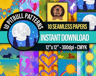 May include: Ten digital paper patterns featuring a silhouette of a pit bull dog in various poses and settings. The patterns include a full moon, stars, hearts, rainbows, suns, and mountains. The papers are 12 inches by 12 inches and 300 dpi.