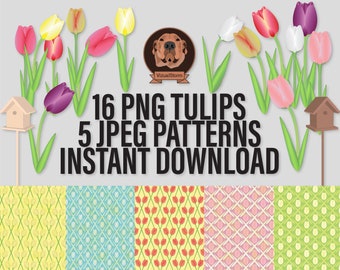 Tulip Garden Clipart and Pattern Bundle - Png Spring Flowers, Bird House, Digital Mothers Day Papers, Floral Easter Craft Clip Art Designs