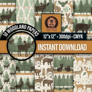 Woodland Animal Digital Paper - 10 Printable Forest Patterns for Nature Scrapbooking and Crafts with Bear, Deer, Bunny, Moose, Owl and Trees