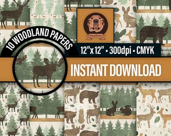 Woodland Animal Digital Paper - 10 Printable Forest Patterns for Nature Scrapbooking and Crafts with Bear, Deer, Bunny, Moose, Owl and Trees