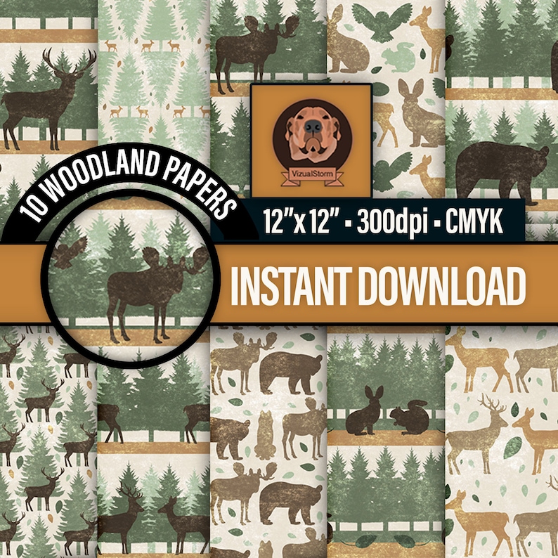 10 Handmade Woodland Wildlife Digital Papers with hand drawn Bear, Deer, Stag, Moose, Rabbit, Owl and Squirrel. Each pattern has a custom chalk pastel overlay texture. Scenic Forest wildlife designs in green and brown.