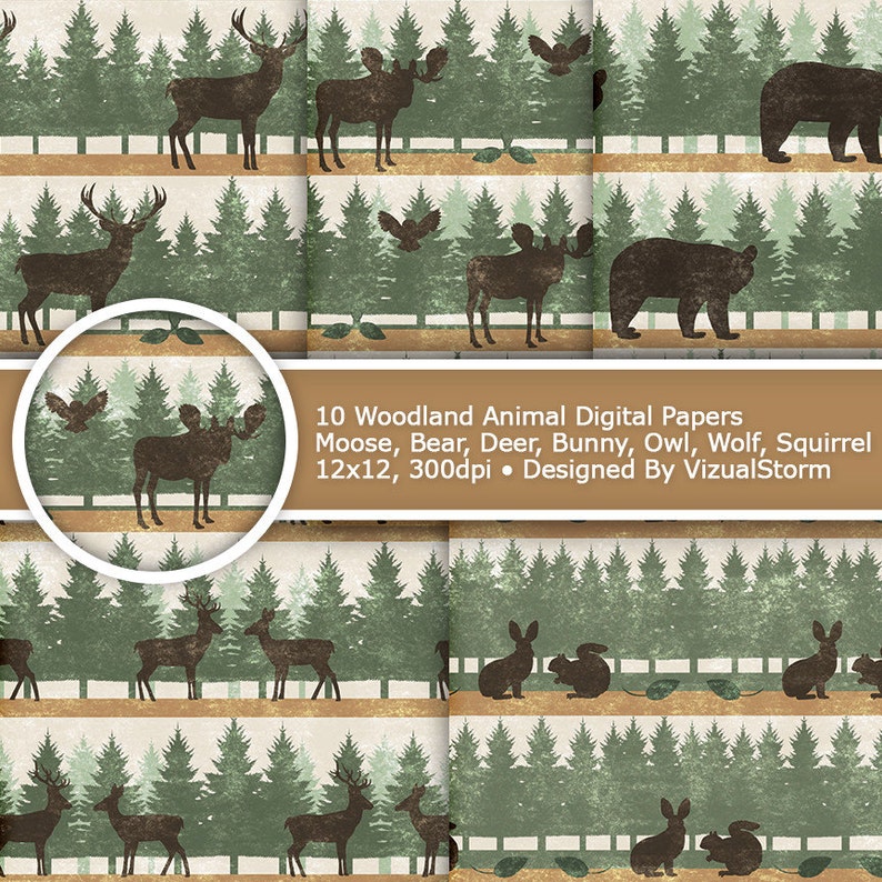 Woodland Animal Digital Paper 10 Printable Forest Patterns for Nature Scrapbooking and Crafts with Bear, Deer, Bunny, Moose, Owl and Trees image 3