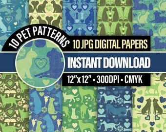 Pets in Love Digital Paper - Cute Cats and Dogs with Toys and Heart Patterns, Handmade Green and Blue Animal Scrapbooking Jpg Craft Paper