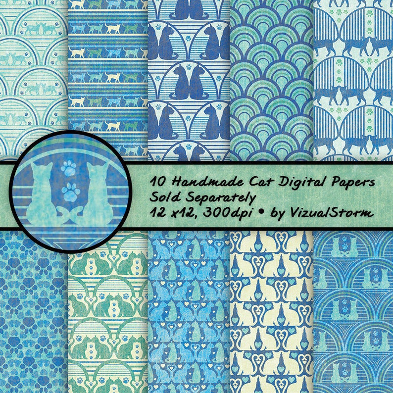 May include: Ten digital papers featuring various blue and green cat patterns. The patterns include cats with paw prints, hearts, and geometric shapes. The text "10 Handmade Cat Digital Papers Sold Separately 12 x12, 300dpi. by VizualStorm" is at the bottom of the image.