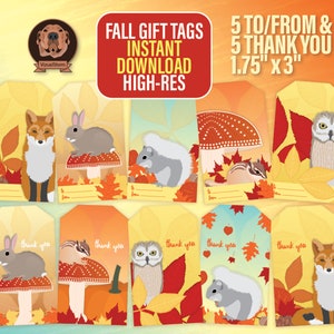 May include: Ten printable gift tags featuring fall-themed illustrations of foxes, squirrels, owls, chipmunks, and rabbits. The tags are 1.75 inches by 3 inches and include the text "Thank you".