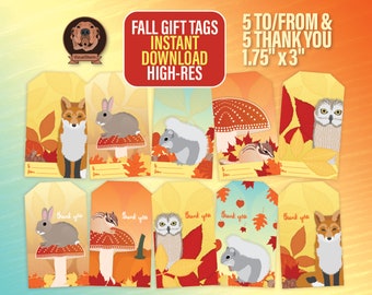 Woodland Creatures Gift Tags - Printable Fall Forest Set With Fox, Owl, Squirrel, Chipmunk & Mushrooms, Digital Download, 10 Animal Designs