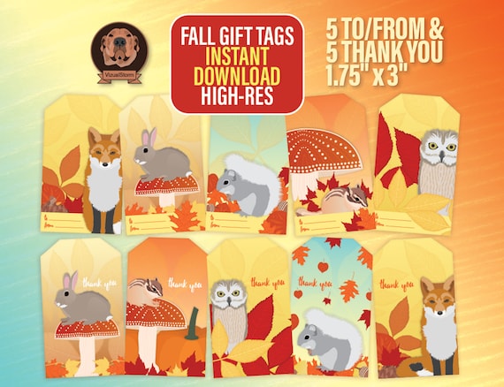 Woodland Creatures Gift Tags - Printable Fall Forest Set With Fox, Owl, Squirrel, Chipmunk & Mushrooms, Digital Download, 10 Animal Designs