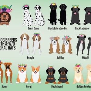 Hand Drawn Colorful Png dog breeds wearing floral crowns with Golden Retriever, Black Labrador, Black Labradoodle, Beagle, Black Pitbull, Black & Tan Dachshund, B&W Great Dane, Bulldog, Corgi, Boxer