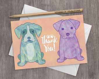 Printable Puppy Thank You Card 4x6 Jpg - Illustrated Watercolor Labrador and Boxer Puppies Digital Pet Thank You Note for Holiday/Birthday