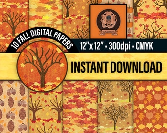 Printable Fall Foliage Patterned Paper - Tree and Leaf Digital Papers with Falling Leaves, Acorns and Pinecones, Autumn Wooded Scrapbooking