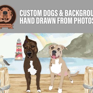 Hand drawn dogs and scenic background with a pier, ocean, mountains, rainbow, Seagull and lighthouse. All graphics were hand drawn in Adobe Illustrator from photos provided by the client.