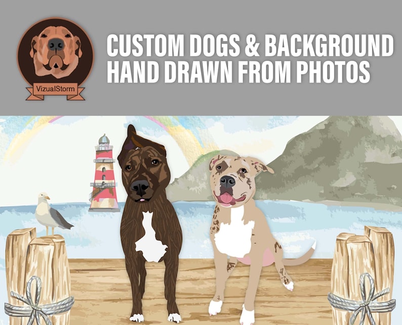 Hand drawn dogs and scenic background with a pier, ocean, mountains, rainbow, Seagull and lighthouse. All graphics were hand drawn in Adobe Illustrator from photos provided by the client.