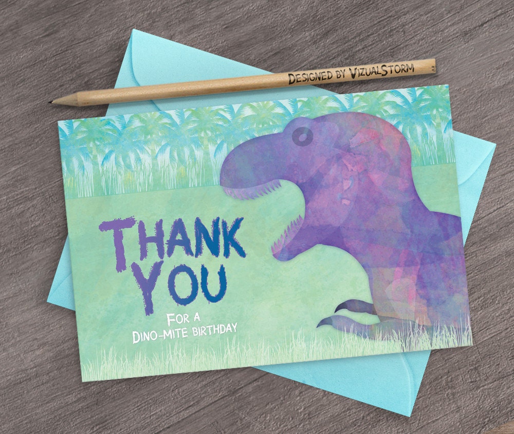 Dinosaur Thank You Card Printable Watercolor Birthday Party Etsy