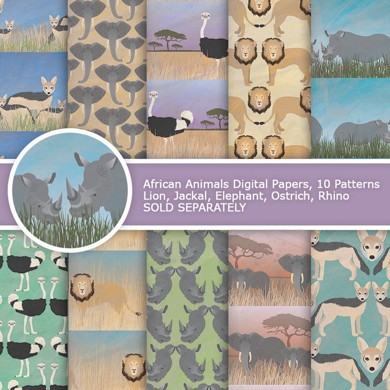Wild Animals of Africa Clipart Digital Png Illustrations Elephant, Giraffe, Chimpanzee, Zebra, Hippopotamus, Rhinoceros, Lion, Cheetah image 7