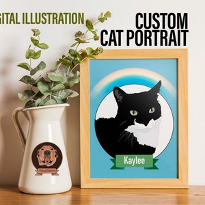 May include: Digital illustration of a black and white cat with a rainbow above it. The cat's name is Kaylee. The illustration is framed in a light wood frame.