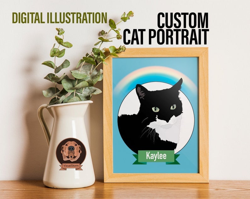 May include: Digital illustration of a black and white cat with a rainbow above it. The cat's name is Kaylee. The illustration is framed in a light wood frame.