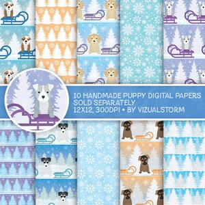 May include: Ten digital papers featuring adorable puppy illustrations in a winter wonderland theme. Each paper features a different puppy breed in a snowy forest setting with a sled and snowflakes. The papers are 12x12 inches and 300 DPI.