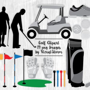 Golf Course Clipart PNG Golfing Clip Art, Golf Cart, Golf Clubs, Golf Bag, Golfer Silhouettes, Sports Illustrations, Mens Card Making image 2