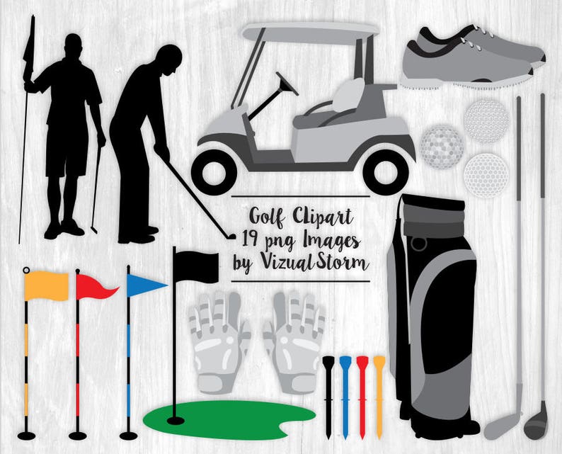 Golf Course Clipart PNG Golfing Clip Art, Golf Cart, Golf Clubs, Golf Bag, Golfer Silhouettes, Sports Illustrations, Mens Card Making image 2