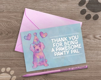 Golden Retriver Puppy Thank You Card - Watercolor Printable Dog Birthday Theme Cute Puppy Wearing Party Hat with Hearts - INSTANT DOWNLOAD