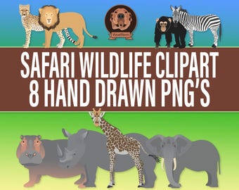 Safari Wildlife Clipart Bundle - Jungle Animals Png Pack, Elephant, Giraffe, Lion, Zebra, Hippo, Cheetah +more, Africa Habitat Illustrations