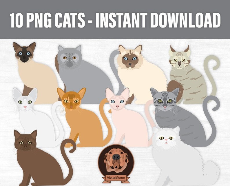 May include: A digital illustration of 10 different cats in various poses. The cats are all cartoon-style and have different fur colors and patterns. The image is set against a white background.