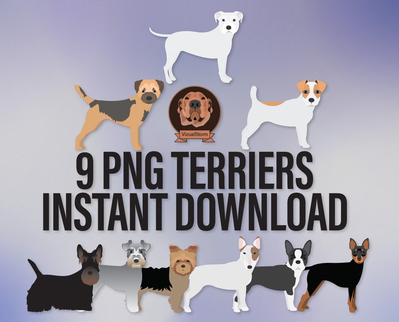 K&ouml;nnte beinhalten: Neun digitale Illustrationen verschiedener Terrier-Hunderassen. Die Hunde sind alle nach vorne gerichtet und in verschiedenen Posen. Die Illustrationen sind im Cartoon-Stil gehalten und vor einem lilafarbenen Verlaufshintergrund platziert. Der Text "9 PNG TERRIERS INSTANT DOWNLOAD" befindet sich am unteren Rand des Bildes.