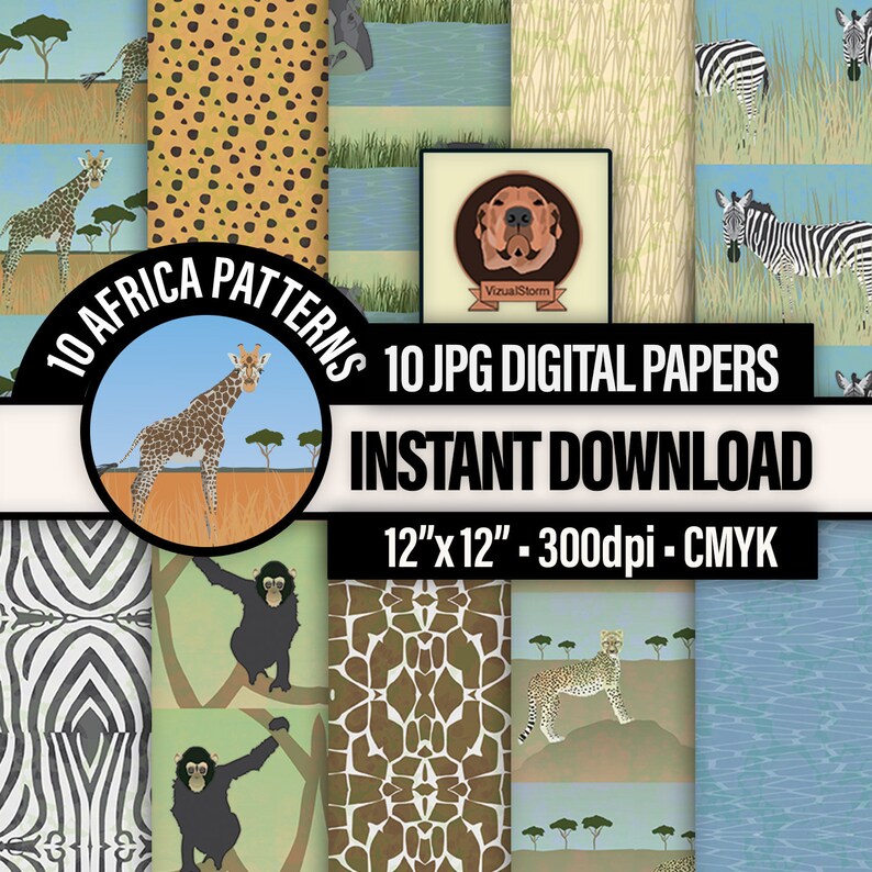 African Safari Digital Craft Paper Pack Serengeti Wildlife Bundle, Africa Animal Patterns, Lion, Rhinoceros, Ostrich, Jackal and Elephant image 5
