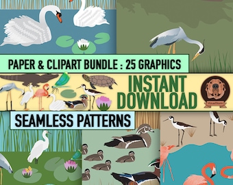 Seamless Bird Patterns - Hand Drawn Salt and Fresh Water Wildlife Illustrations and Scrapbooking Papers - Digital Plants, Marsh and Animals