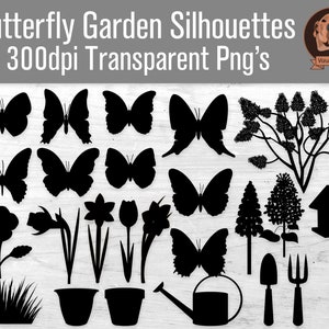 Png Butterfly Garden Silhouettes Digital Gardening Clipart with Butterflies, Plants, Flowers, Watering Can, Flower Pots and a Bird House image 1