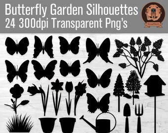 Png Butterfly Garden Silhouettes - Digital Gardening Clipart with Butterflies, Plants, Flowers, Watering Can, Flower Pots and a Bird House