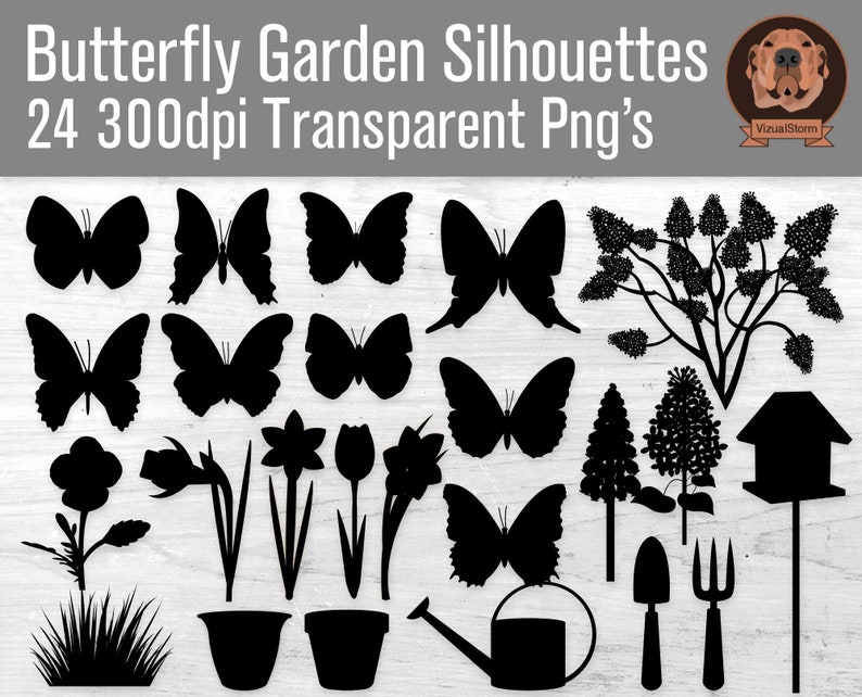 Png Butterfly Garden Silhouettes Digital Gardening Clipart with Butterflies, Plants, Flowers, Watering Can, Flower Pots and a Bird House image 1
