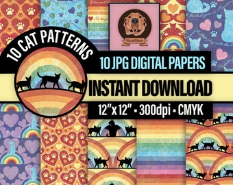 Cat Rainbow Bridge Digital Papers - Pet Memorial Scrapbooking Patterns with Paw Prints, Rainbows and Hearts, Handmade Printable Craft Paper